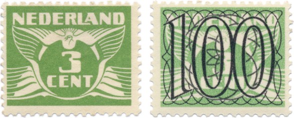 Left: The Lebeau pigeon. Right: Jan van Krimpen's guilloche pattern printed over the Lebeau.